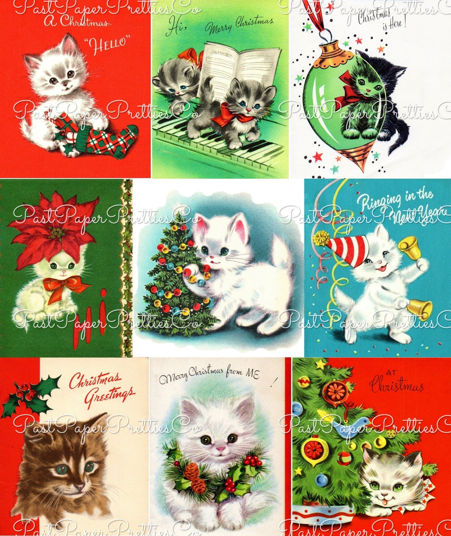 Vintage Printable Adorable Christmas Kittens Collage Sheets Retro Greeting Cards 54 Images PDF Instant Digital Download ALL Cats Clipart