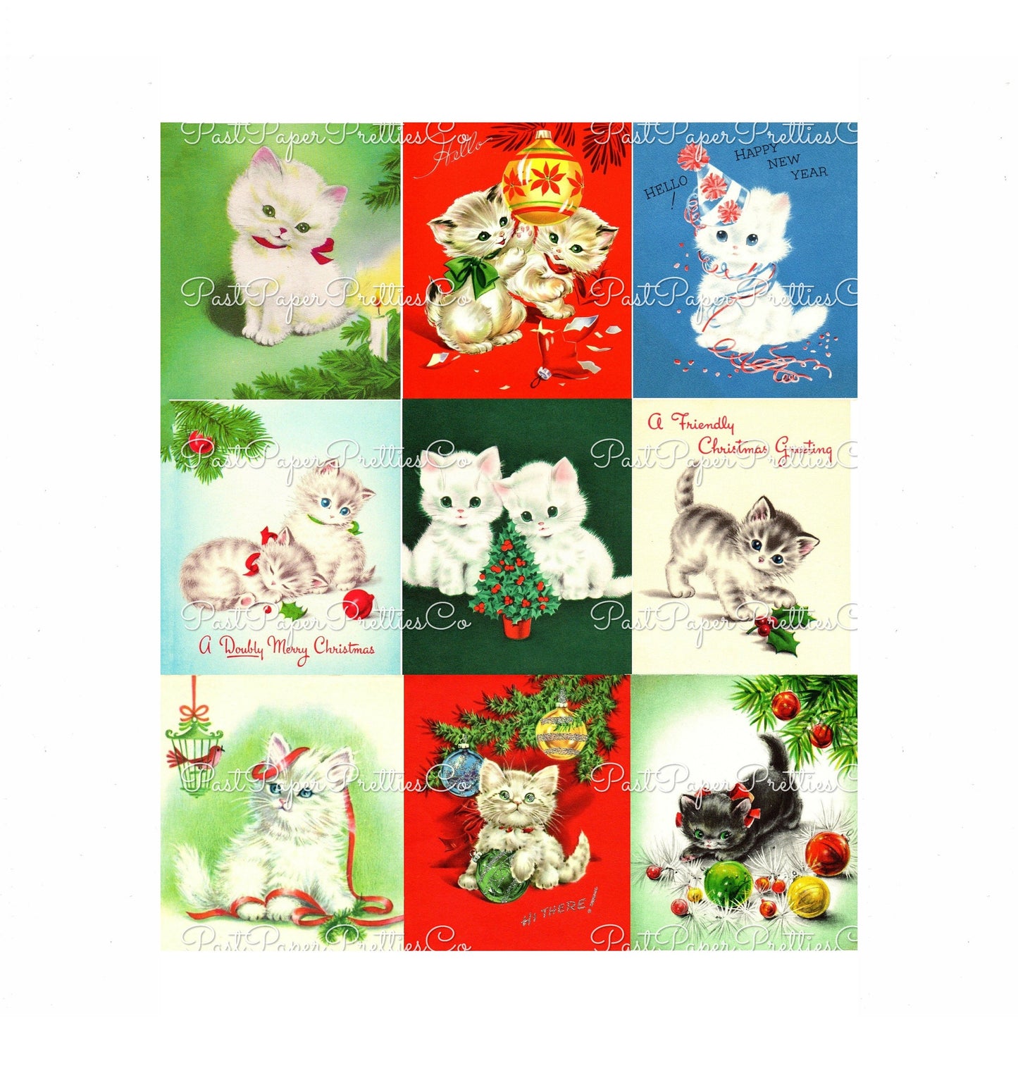 Vintage Printable Adorable Christmas Kittens Collage Sheets Retro Greeting Cards 54 Images PDF Instant Digital Download ALL Cats Clipart