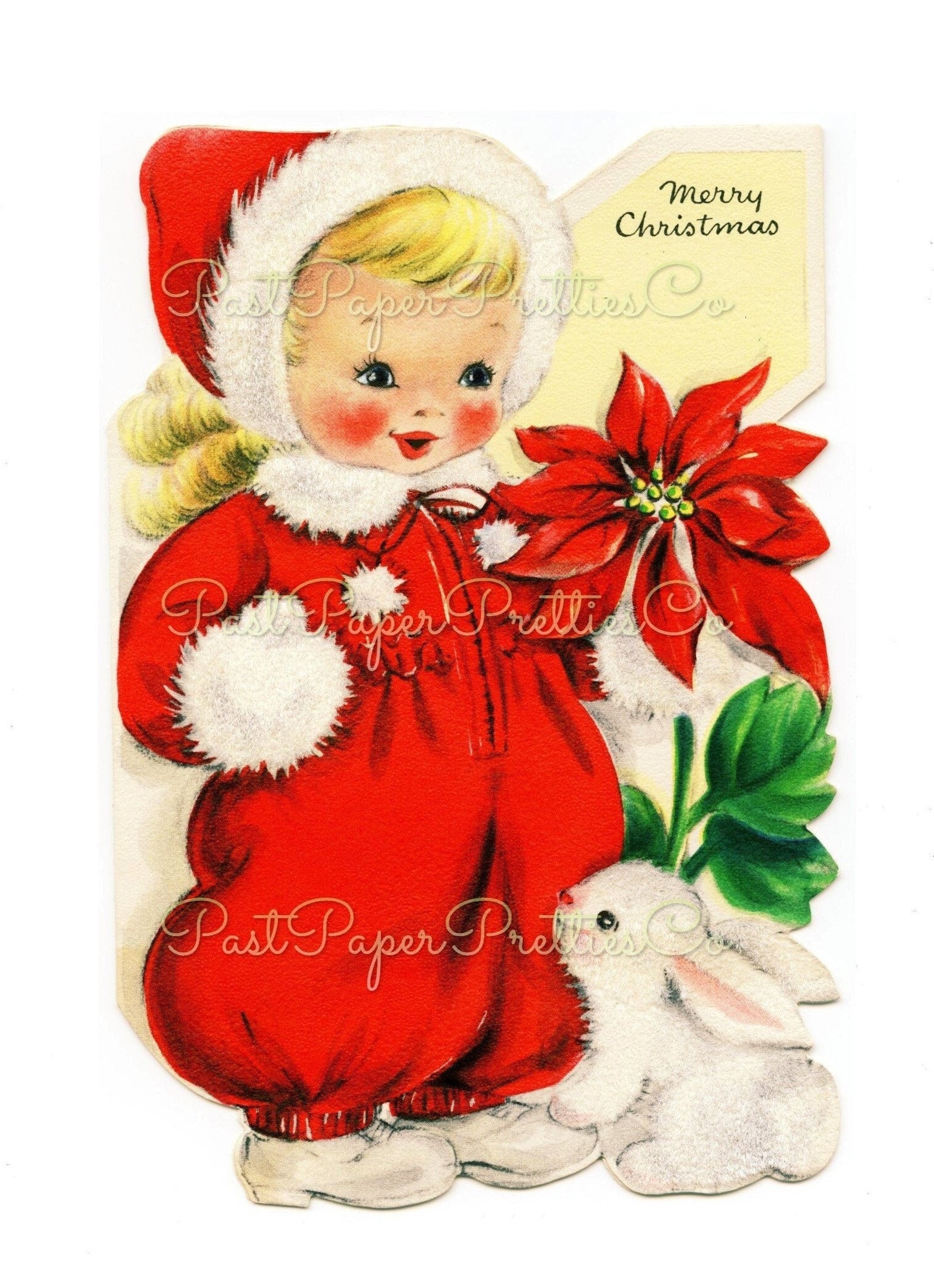 Vintage Printable Cute Little Christmas Girl Red Snowsuit Bunny Card Image 1940s Instant Digital Download Kitsch Holiday Clip Art 300 dpi