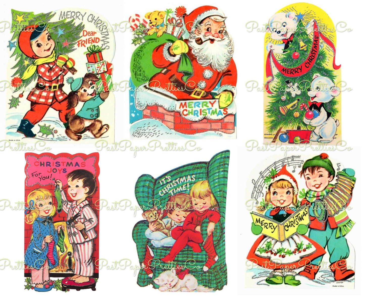 Vintage Printable Retro Christmas Classroom Style Cards Collage Sheets 20 Images PDF Instant Digital Download Cute 1960s Holiday Greetings