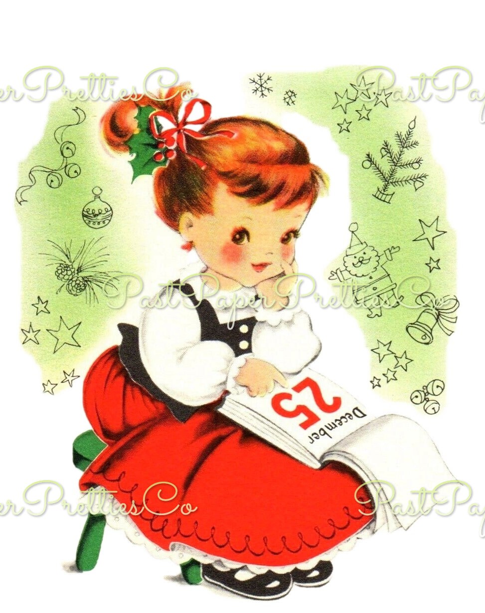 Vintage Printable Pretty Gingham Dress Christmas Girls Norcross Card Images c. 1940s PDF Instant Digital Download Cute Xmas Clipart 300 dpi