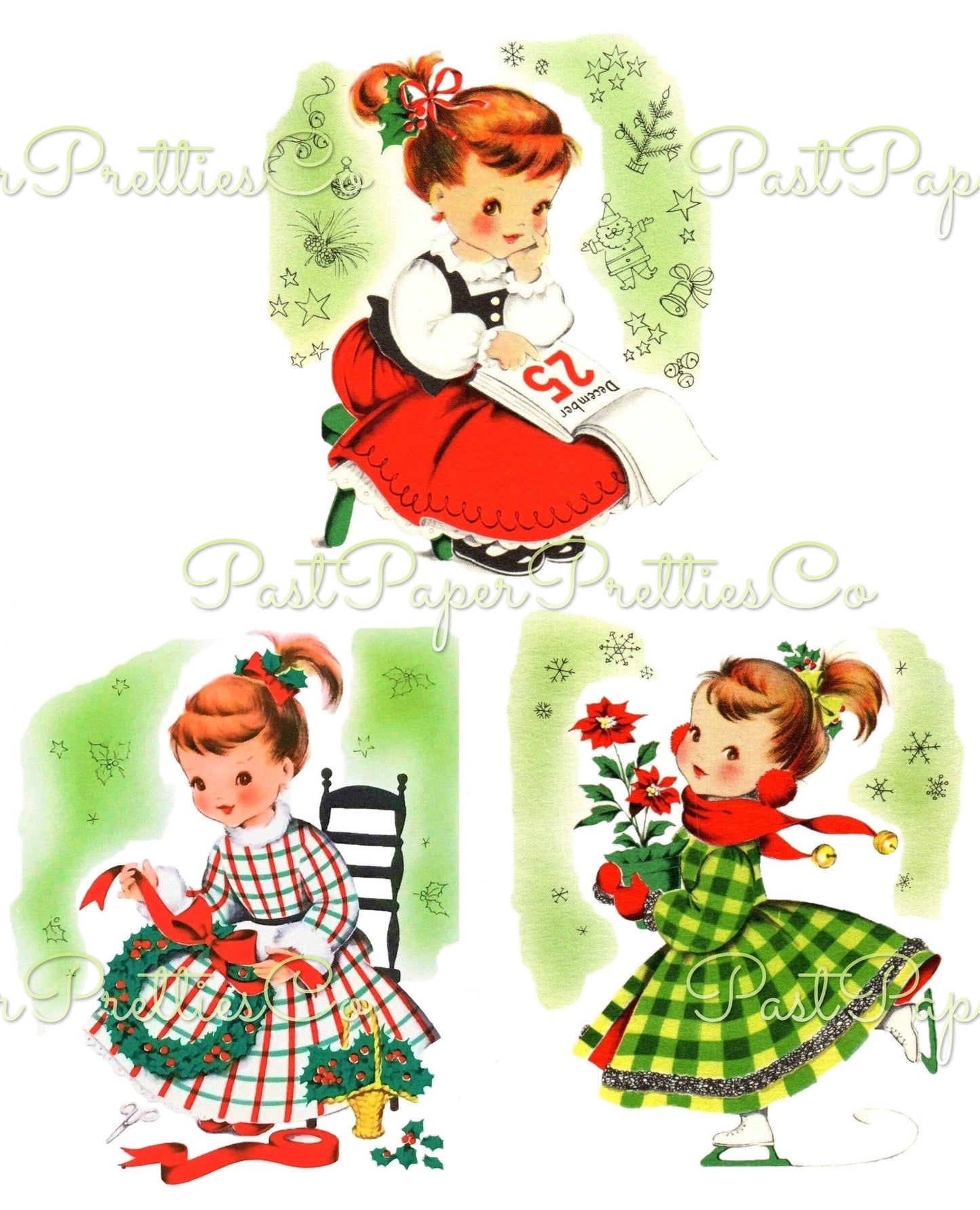 Vintage Printable Pretty Gingham Dress Christmas Girls Norcross Card Images c. 1940s PDF Instant Digital Download Cute Xmas Clipart 300 dpi