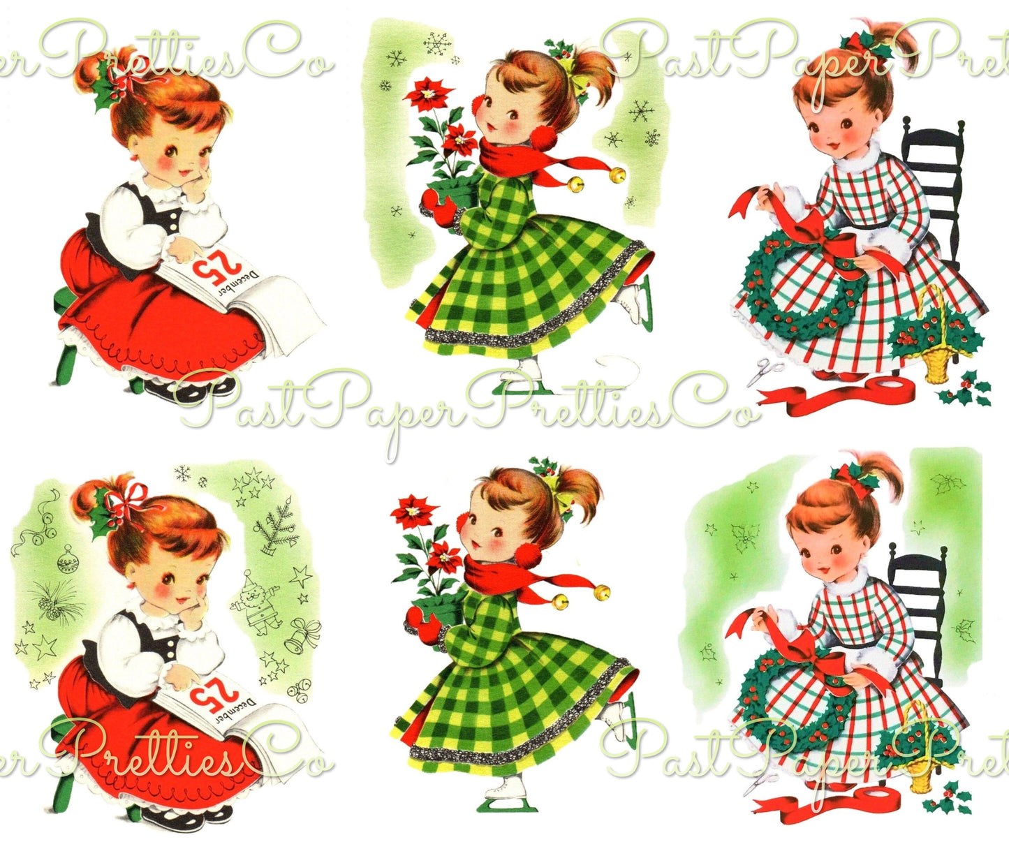 Vintage Printable Pretty Gingham Dress Christmas Girls Norcross Card Images c. 1940s PDF Instant Digital Download Cute Xmas Clipart 300 dpi