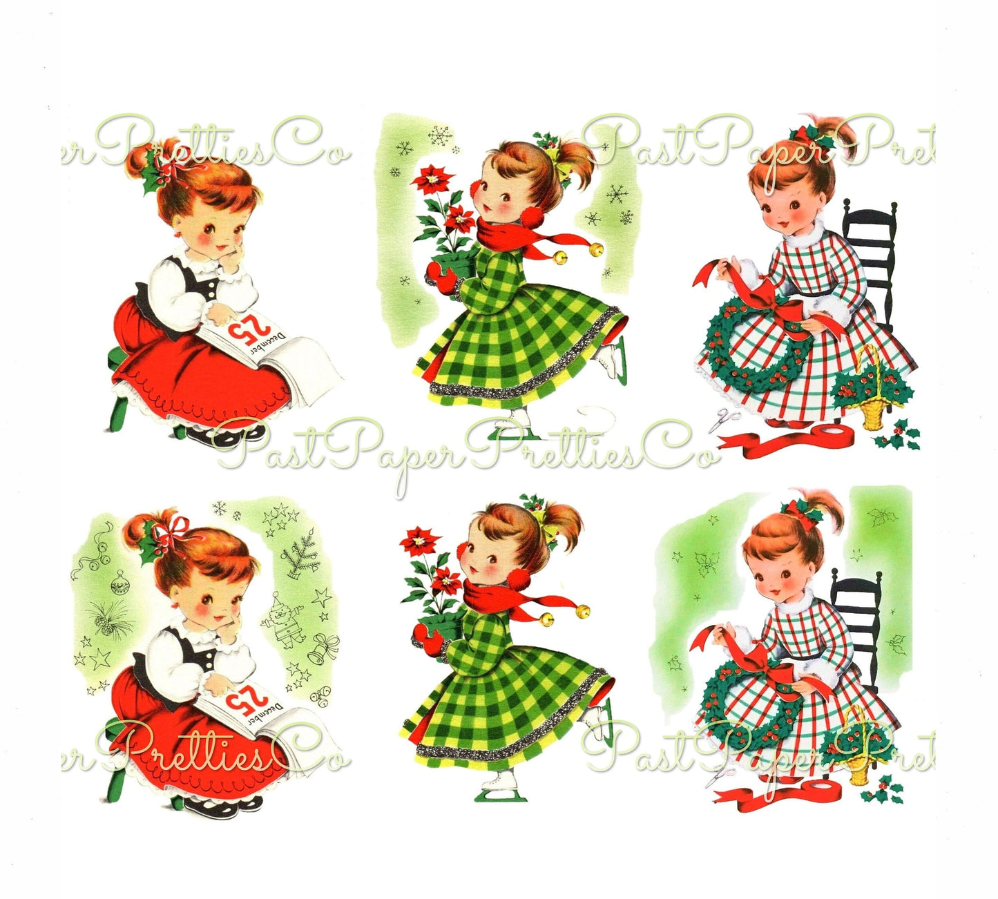 Vintage Printable Pretty Gingham Dress Christmas Girls Norcross Card Images c. 1940s PDF Instant Digital Download Cute Xmas Clipart 300 dpi