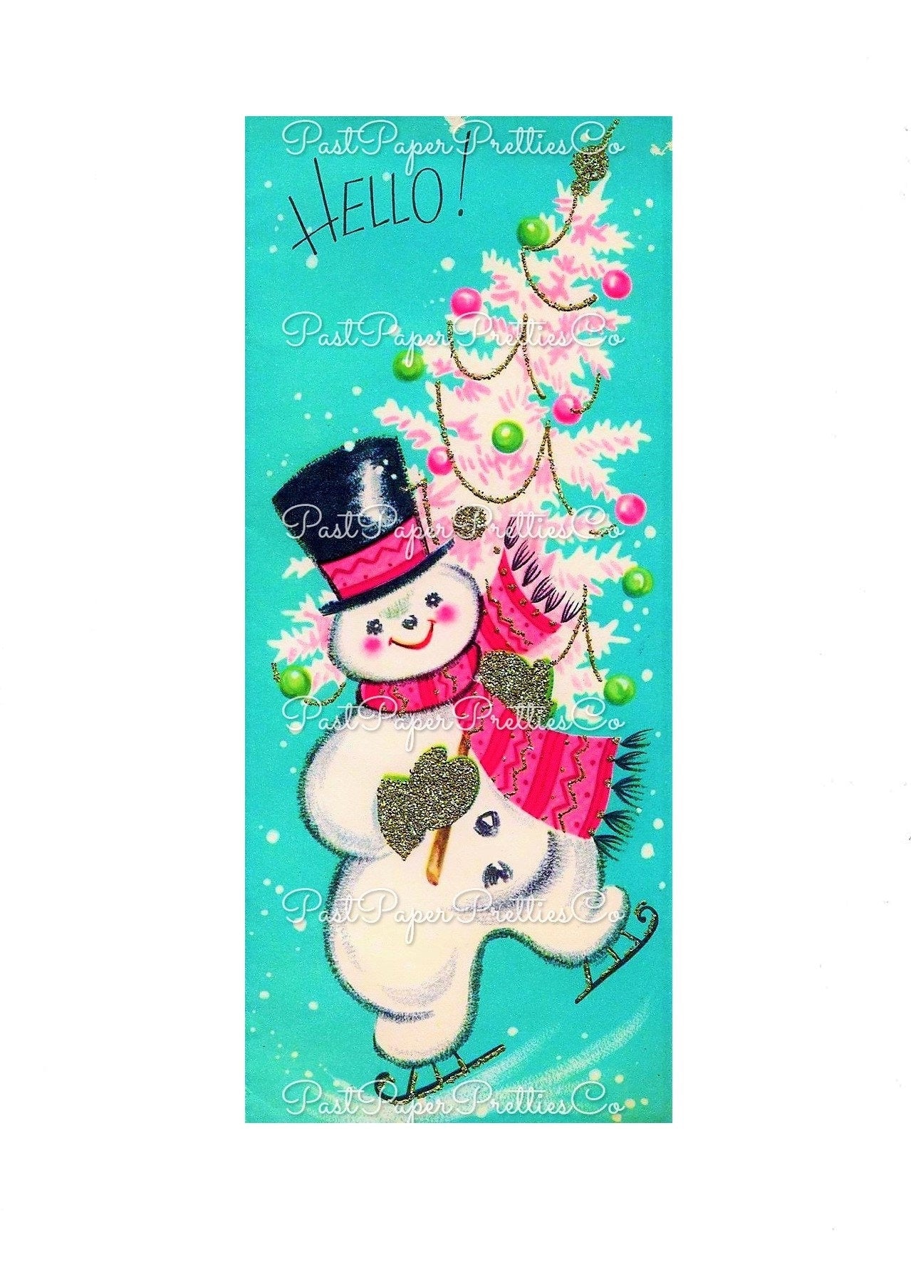 Vintage Printable Pink Teal Snowman Skating Christmas Tree Card Image Instant Digital Download Kitsch Retro Mid Century Clip Art