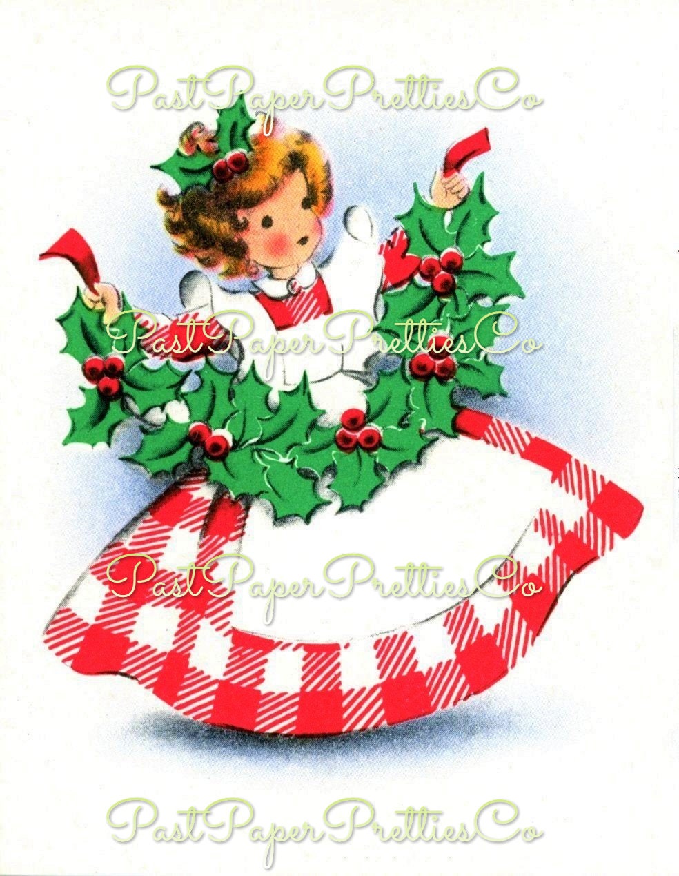 Vintage Printable Little Miss Christmas Gingham Girl Lady with Holly Bough Card Image c. 1950s Instant Digital Download Kitschmas Clipart