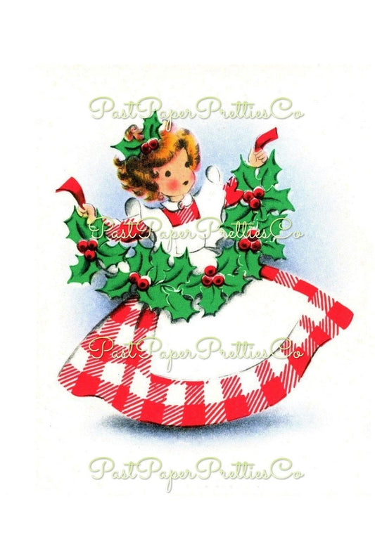 Vintage Printable Little Miss Christmas Gingham Girl Lady with Holly Bough Card Image c. 1950s Instant Digital Download Kitschmas Clipart