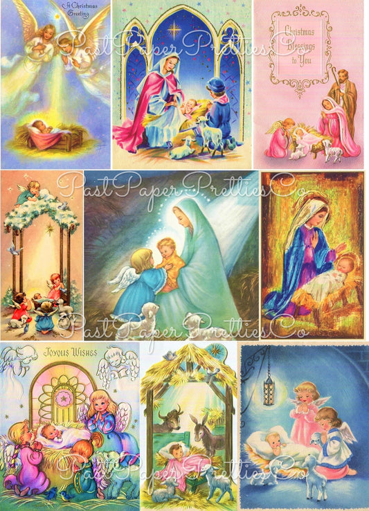 Vintage Printable Christmas Card Nativity Scene Images Collage Sheets PDF Instant Digital Download Cute Religious Gift Tags Cards