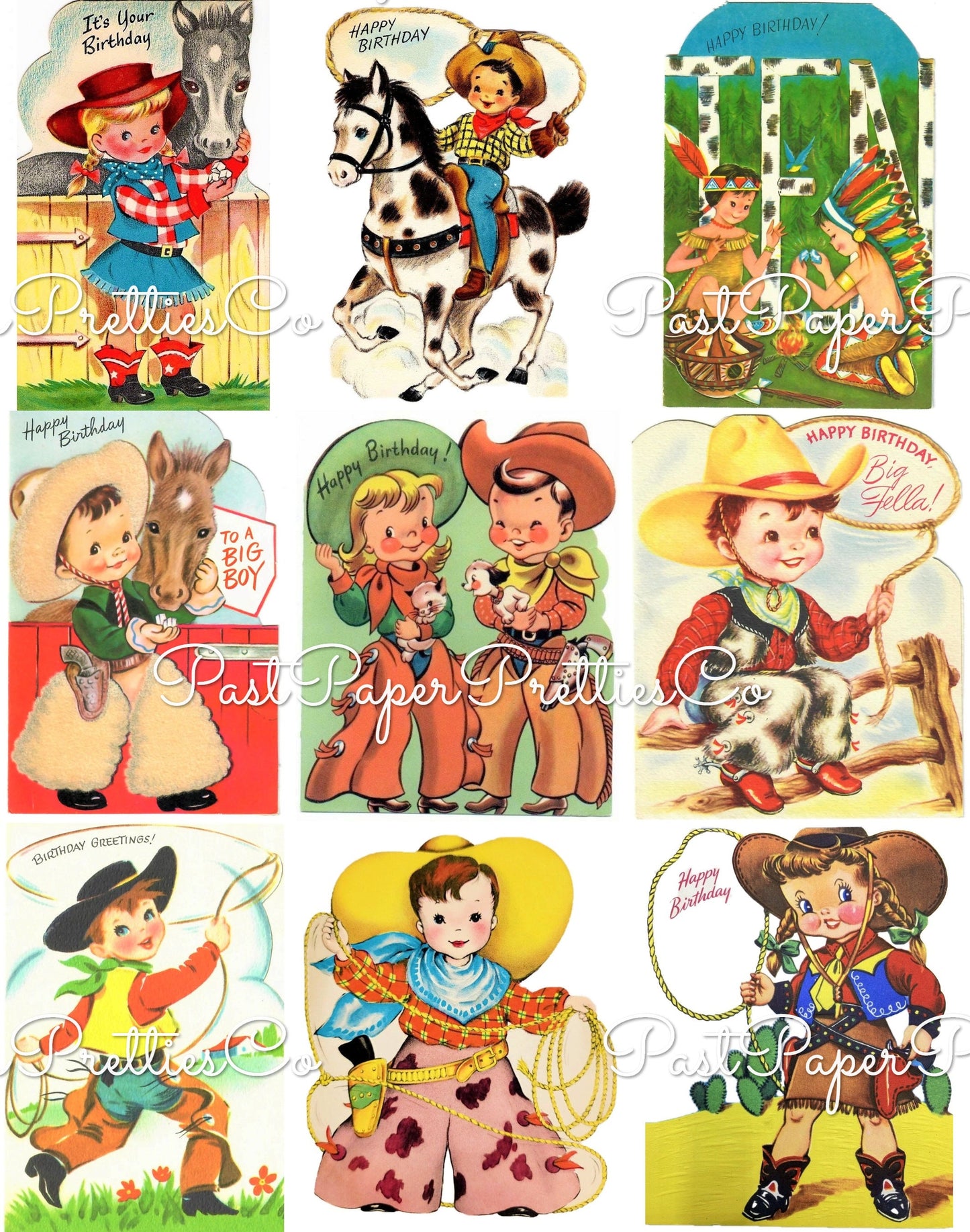 Vintage Printable Cowboy Cowgirl Happy Birthday Collage Sheets Retro Card Western Images PDF Instant Digital Download Clipart 2 Sizes