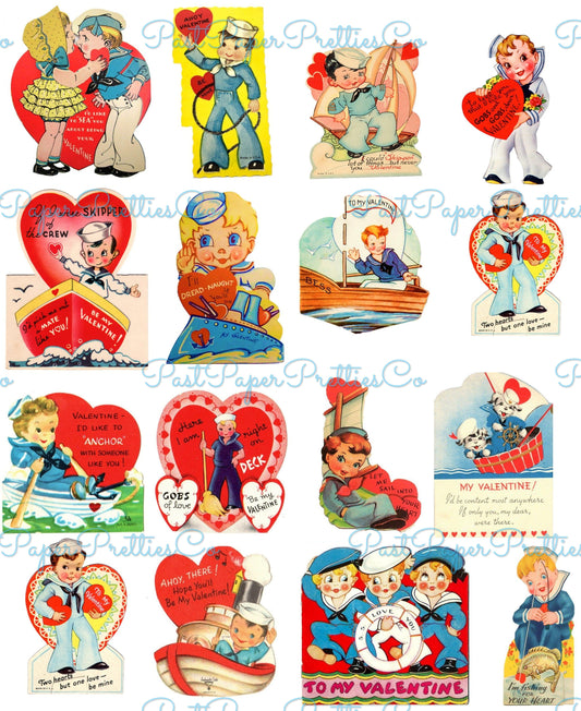 Vintage Sailors Printable Valentines Day Cards All Sailor Boy Navy Themed Collage Sheets PDF Instant Digital Download 2 Sizes