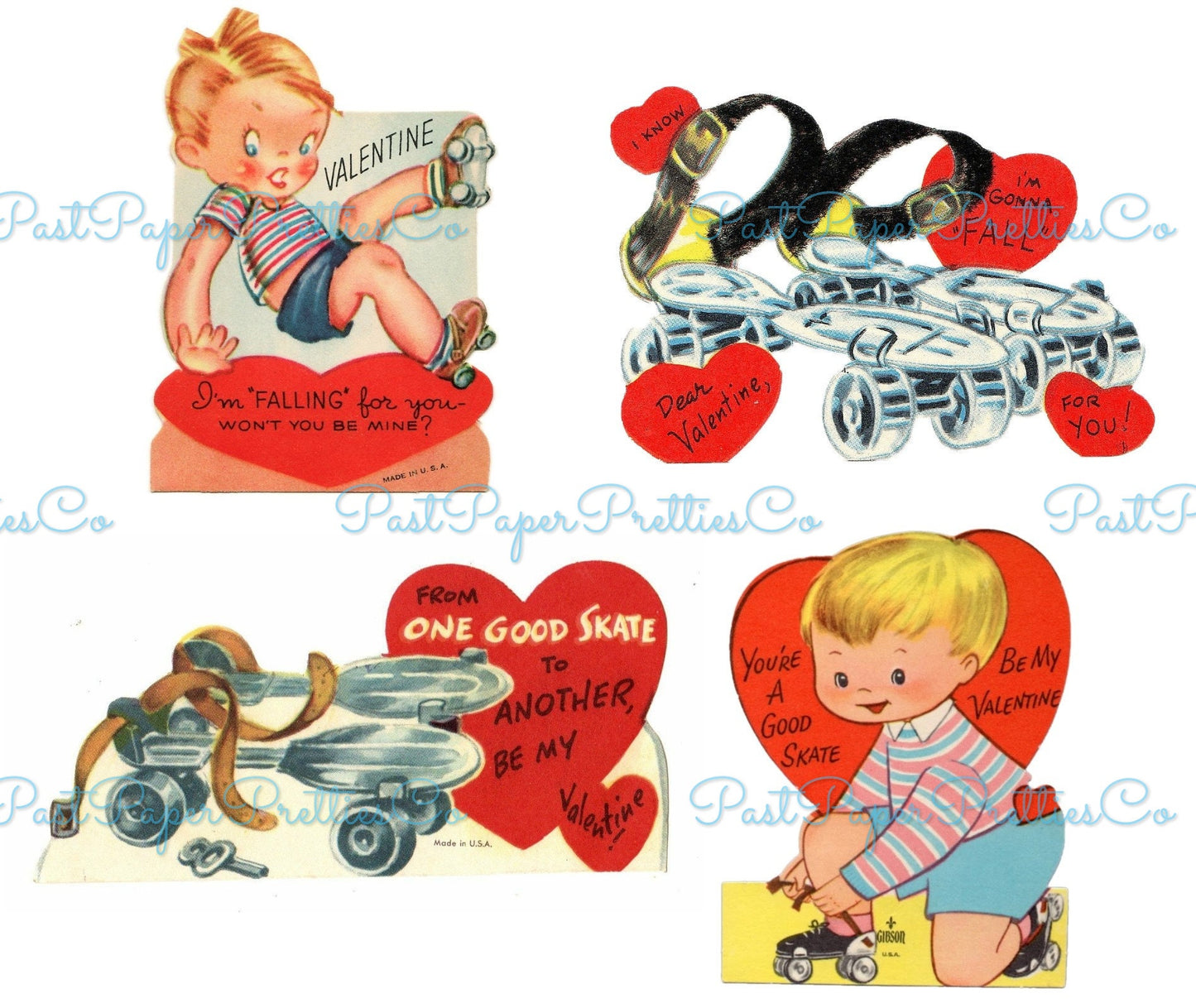 Vintage Printable Valentines Day Cards Rollerskating Girls and Boys All Roller Skate Themed Collage Sheets PDF Instant Digital Download