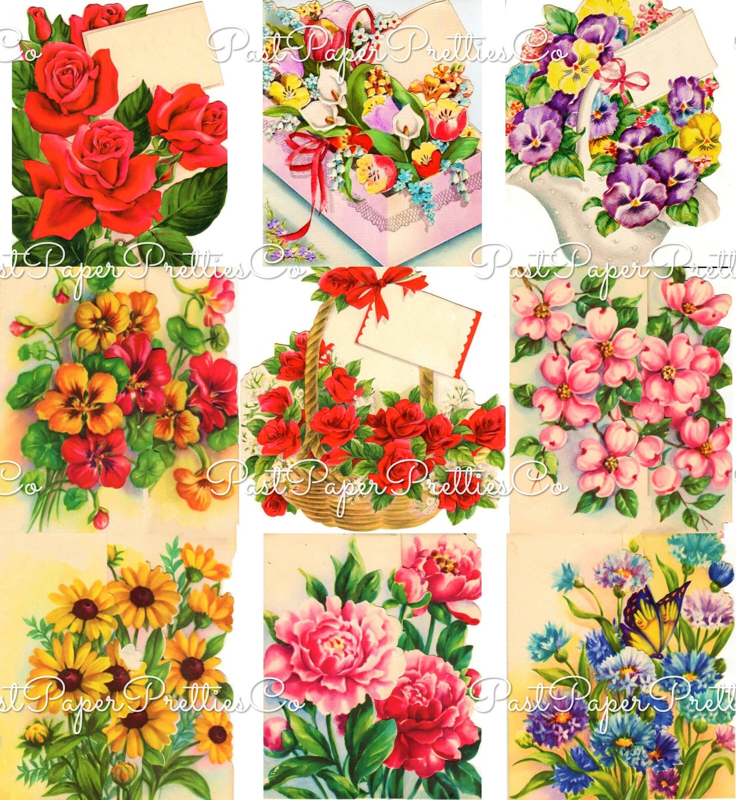 Vintage Printable Pretty Bright Flower Garden Bouquets Greeting Card Collages 36 Images c. 1950s PDF Instant Digital Download Floral Clipart