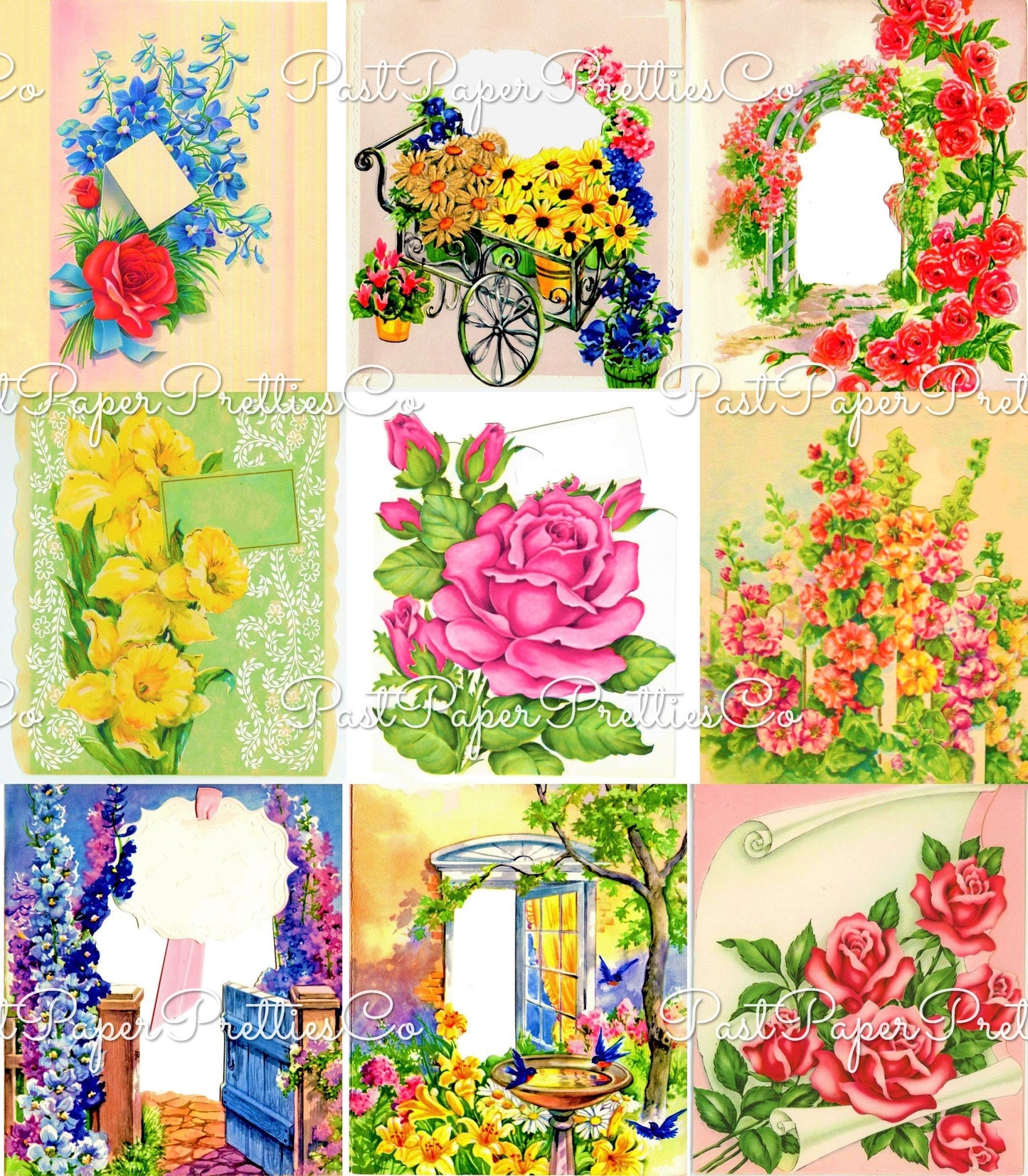 Vintage Printable Pretty Bright Flower Garden Bouquets Greeting Card Collages 36 Images c. 1950s PDF Instant Digital Download Floral Clipart