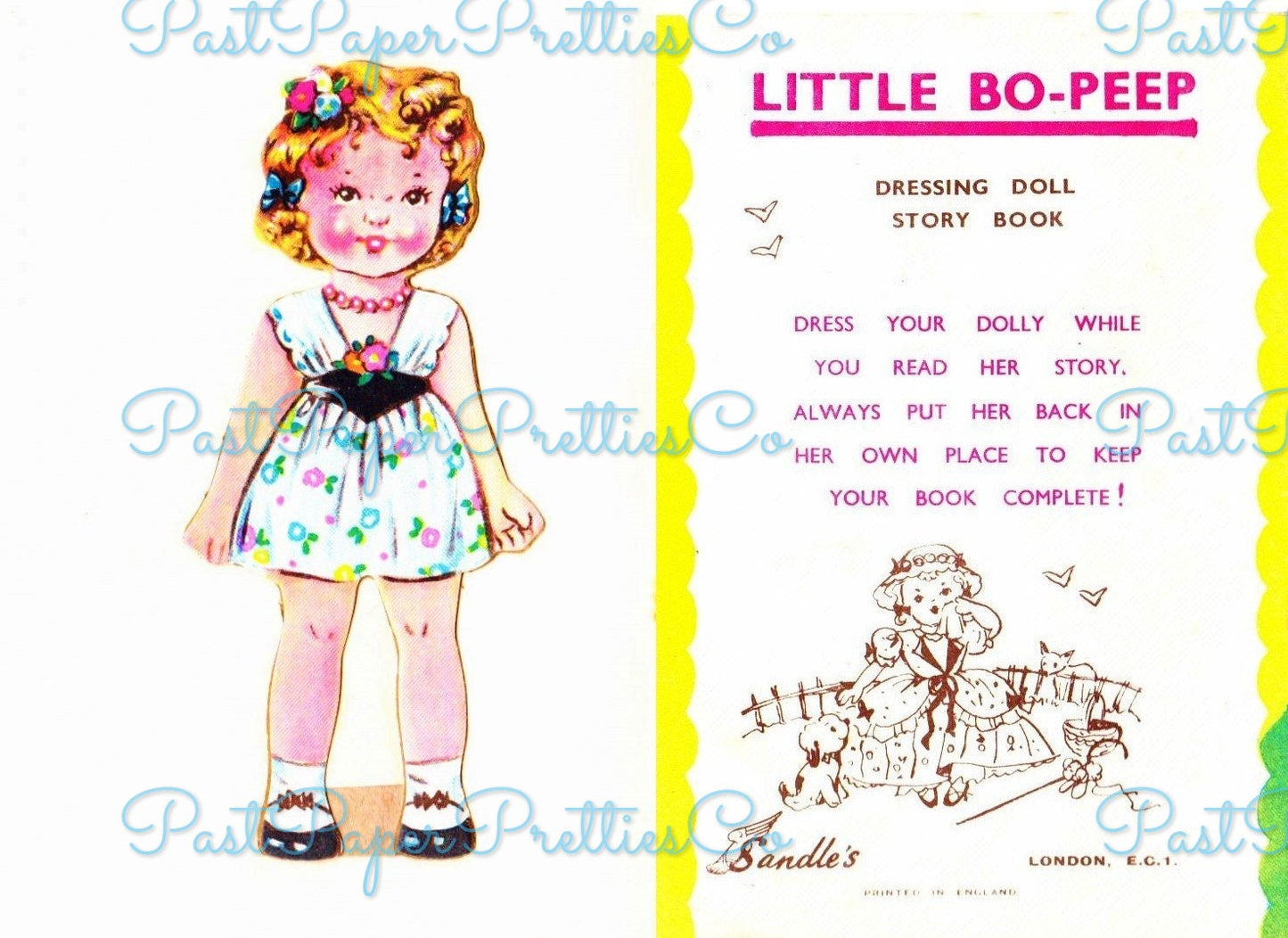 Vintage Paper Doll Little Bo Peep c. 1950s PDF Printable Instant Digital Download Sandles Inc Cute Fairytale Nursery Rhyme Clipart