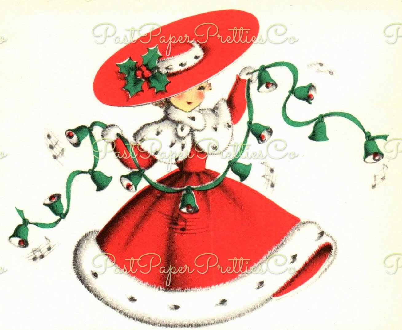 Vintage Printable Cute Miss Christmas with Jingle Bells Girl Lady Card Image c. 1950s Instant Digital Download Merry Kitschmas Clipart