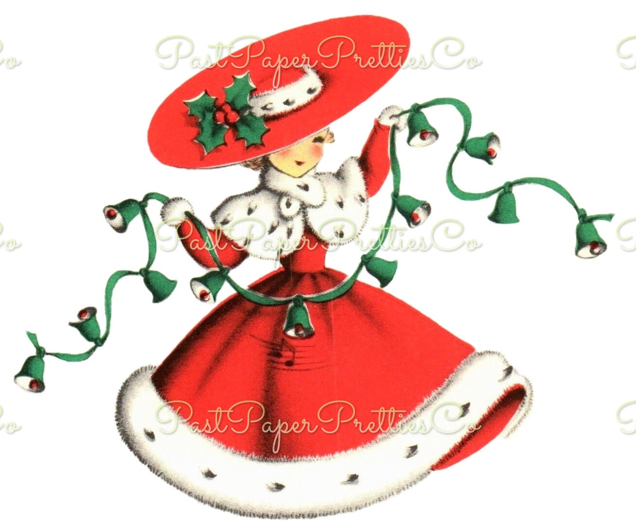 Vintage Printable Cute Miss Christmas with Jingle Bells Girl Lady Card Image c. 1950s Instant Digital Download Merry Kitschmas Clipart