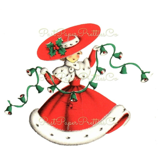 Vintage Printable Cute Miss Christmas with Jingle Bells Girl Lady Card Image c. 1950s Instant Digital Download Merry Kitschmas Clipart