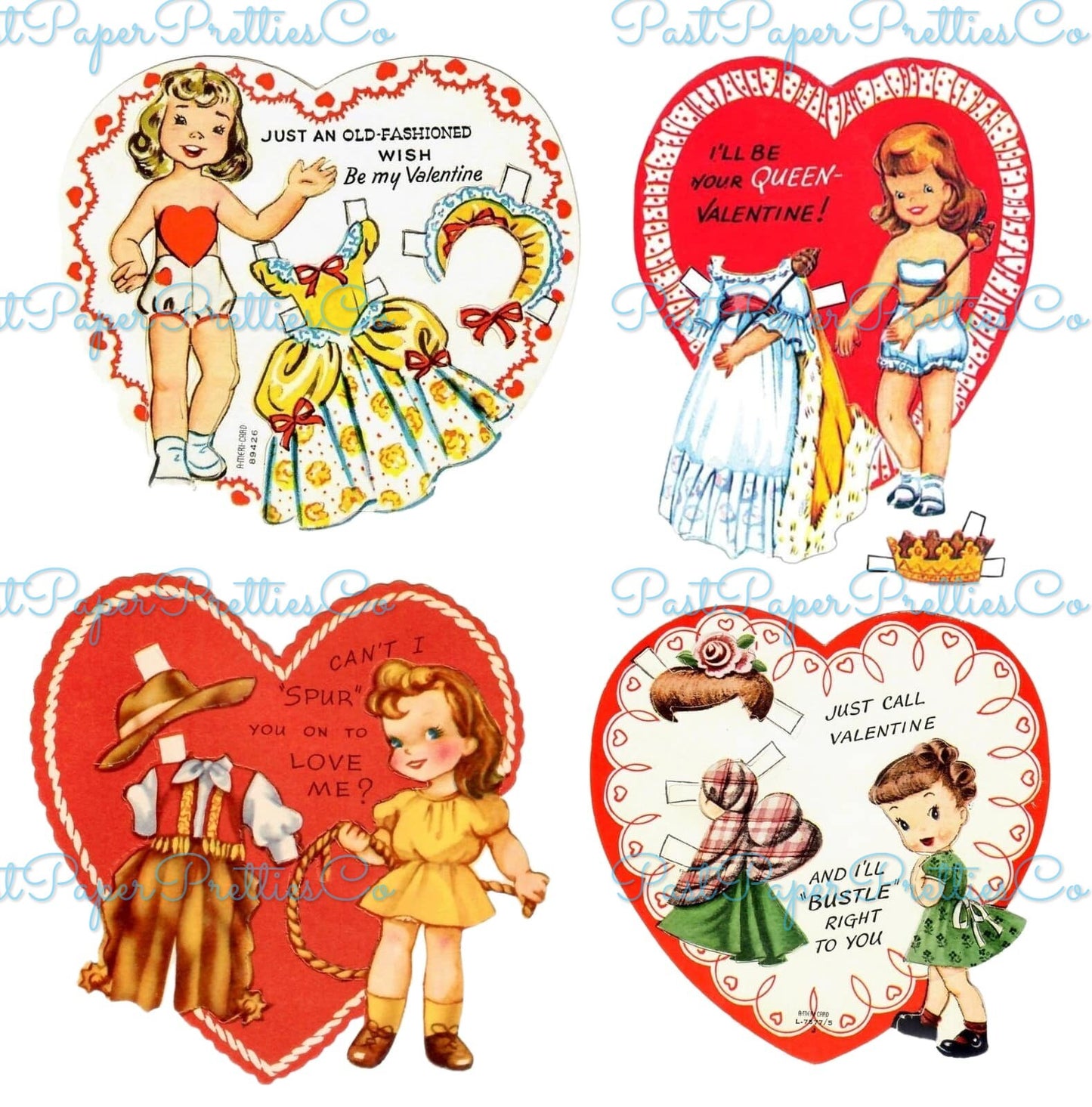 24 Vintage Paper Doll Style Valentine Cards Images Collage Sheets Printable PDF Instant Digital Download Cute Retro Dress Up Dollys