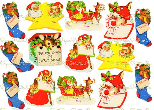 Vintage Printable Christmas Gift Tags Retro Rudolph the Red Nosed Reindeer Santa Collage Sheet Instant Digital Download Merry Kitschmas