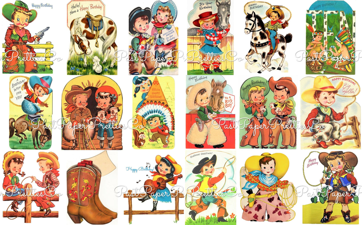 Vintage Printable Cowboy Cowgirl Happy Birthday Collage Sheets Retro Card Western Images PDF Instant Digital Download Clipart 2 Sizes