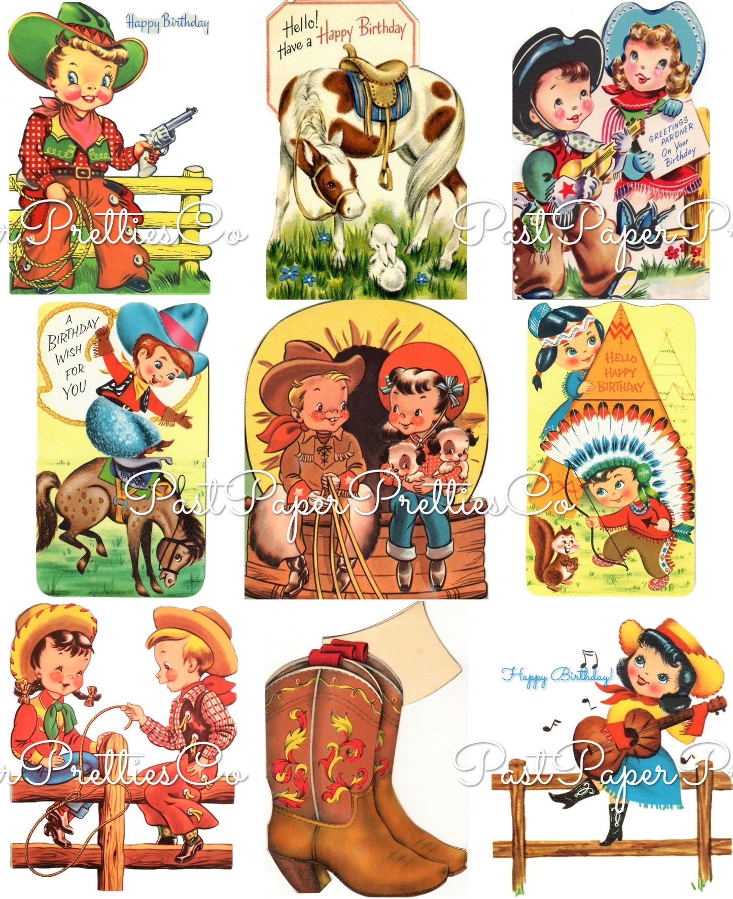 Vintage Printable Cowboy Cowgirl Happy Birthday Collage Sheets Retro Card Western Images PDF Instant Digital Download Clipart 2 Sizes