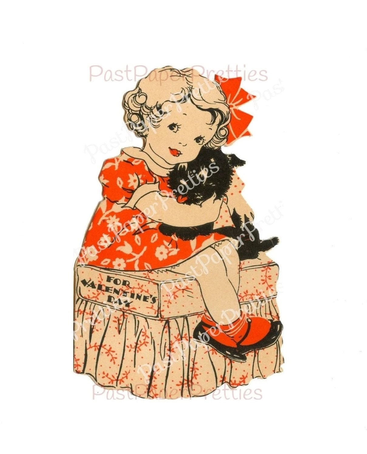 Vintage Antique Printable Valentine Girl with Scottie Dog Art Deco Card Image c. 1930s Instant Digital Download 300 dpi