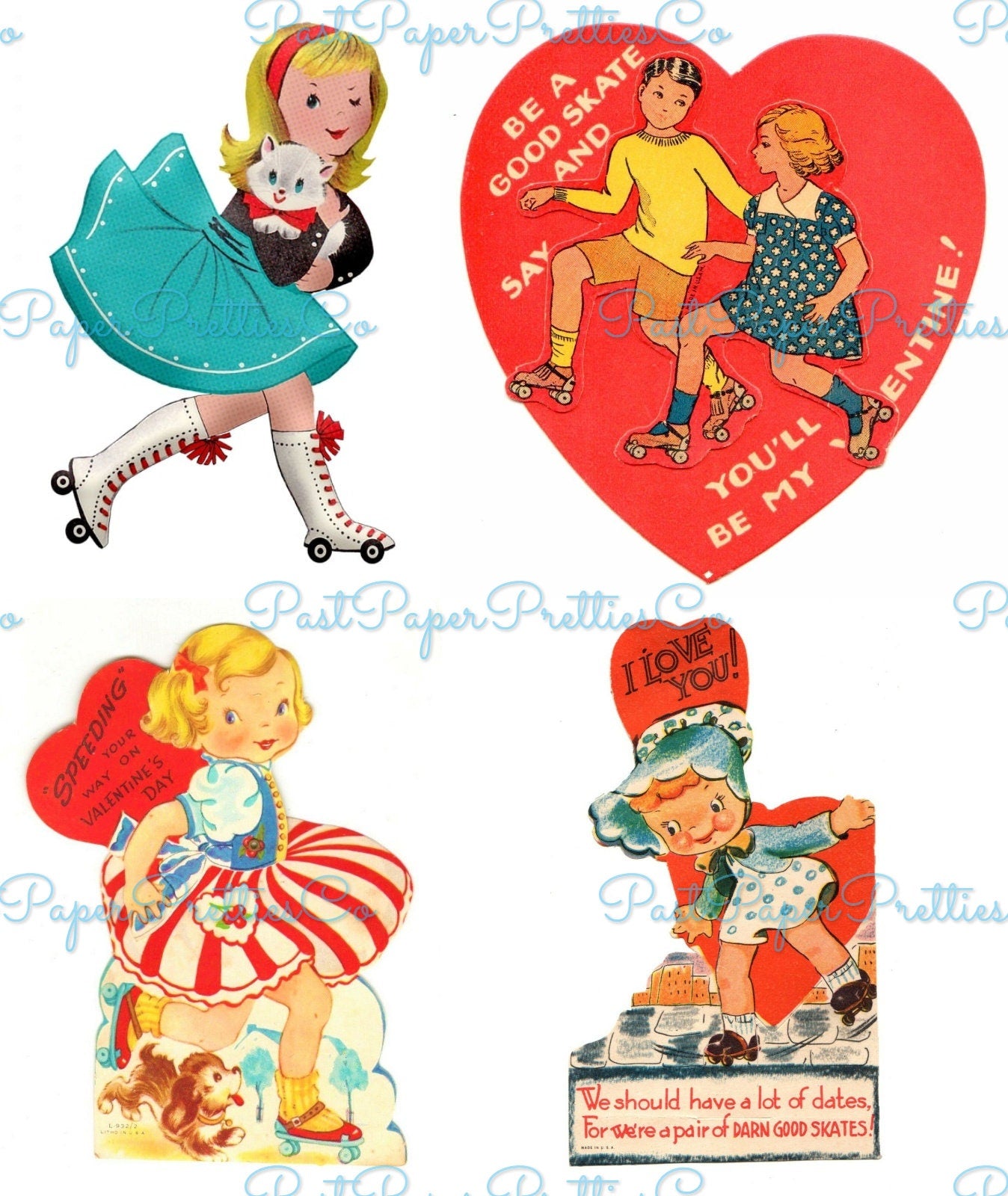 Vintage Printable Valentines Day Cards Rollerskating Girls and Boys All Roller Skate Themed Collage Sheets PDF Instant Digital Download