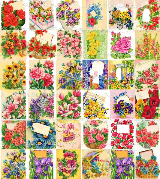 Vintage Printable Pretty Bright Flower Garden Bouquets Greeting Card Collages 36 Images c. 1950s PDF Instant Digital Download Floral Clipart