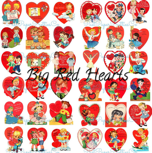 45 Vintage Printable Valentines Day Card Images All Big Red Hearts Themed Collage Sheets PDF Instant Digital Cute Kids Animals