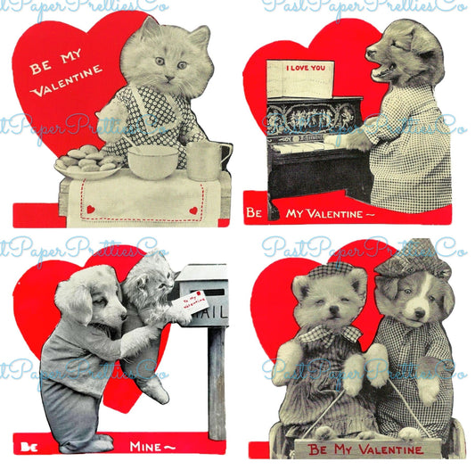 Vintage Retro Puppy Kitten Real Photo Valentine Cards Collage Sheets Printable PDF Instant Digital Download Cute Cat Dog Clipart