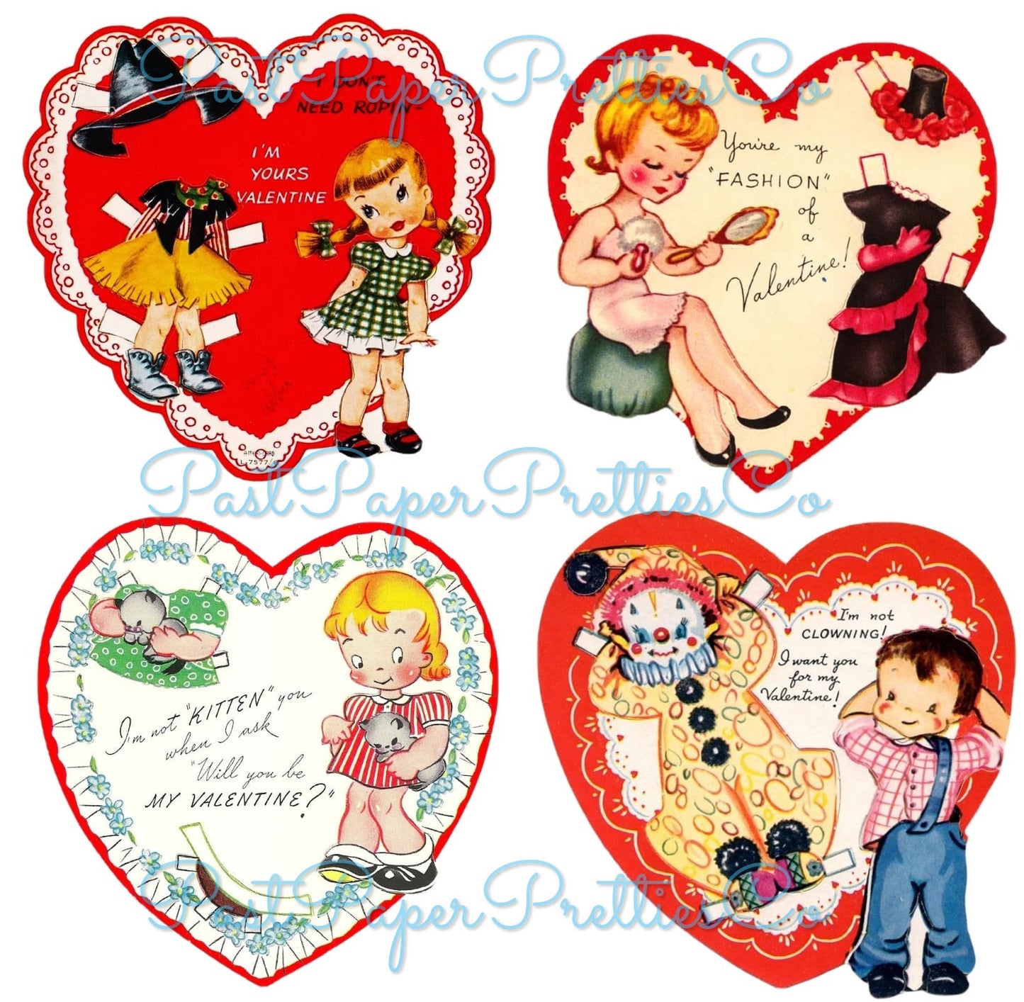 24 Vintage Paper Doll Style Valentine Cards Images Collage Sheets Printable PDF Instant Digital Download Cute Retro Dress Up Dollys