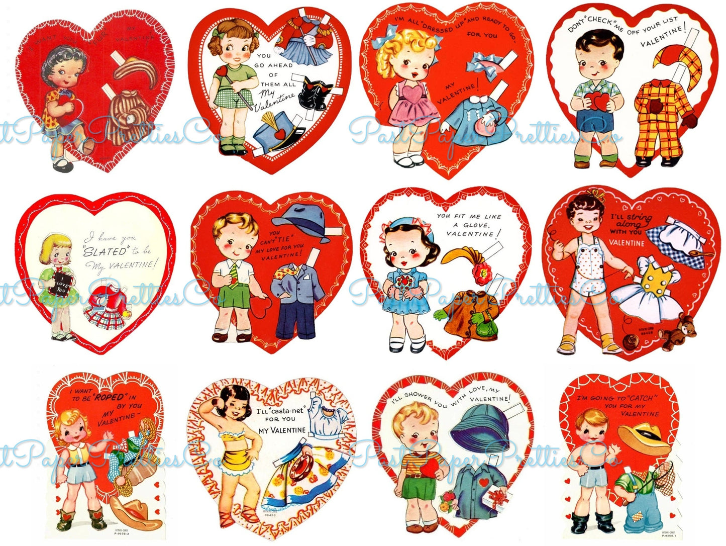 24 Vintage Paper Doll Style Valentine Cards Images Collage Sheets Printable PDF Instant Digital Download Cute Retro Dress Up Dollys