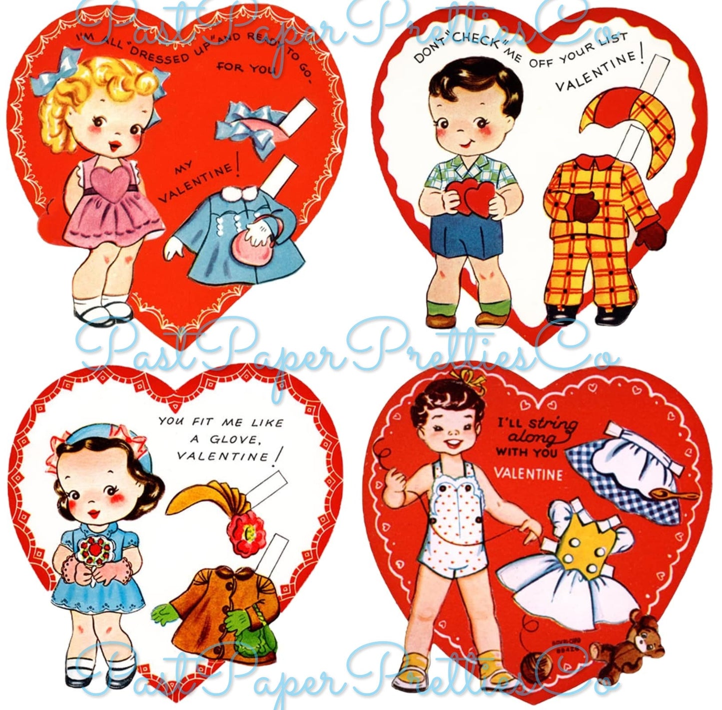 24 Vintage Paper Doll Style Valentine Cards Images Collage Sheets Printable PDF Instant Digital Download Cute Retro Dress Up Dollys