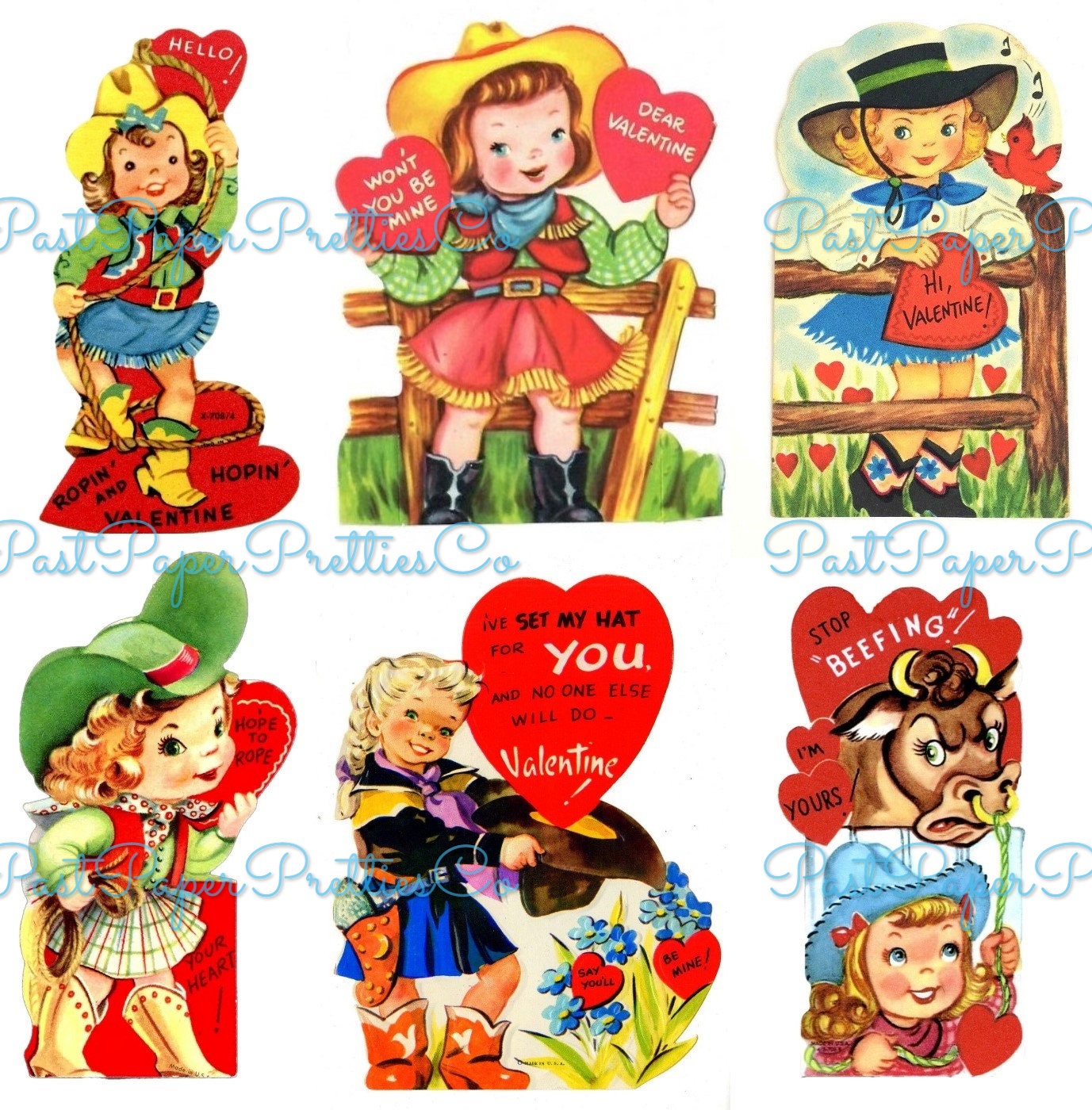 Vintage Cowgirl Valentines Day Card Images Collage Sheets Printable PDF Instant Digital ALL Cute Western Girls Themed Clipart