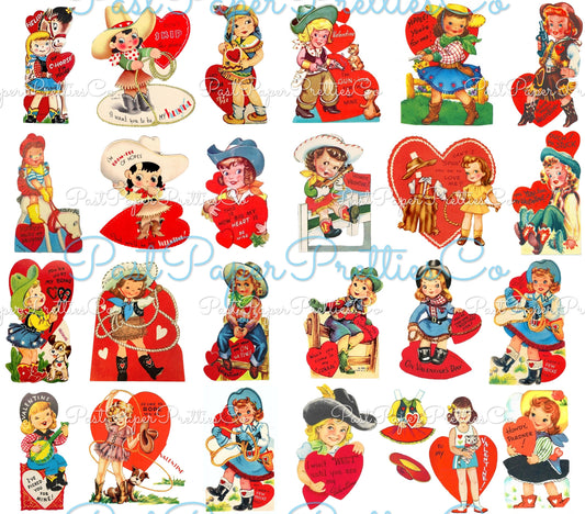 Vintage Cowgirl Valentines Day Card Images Collage Sheets Printable PDF Instant Digital ALL Cute Western Girls Themed Clipart