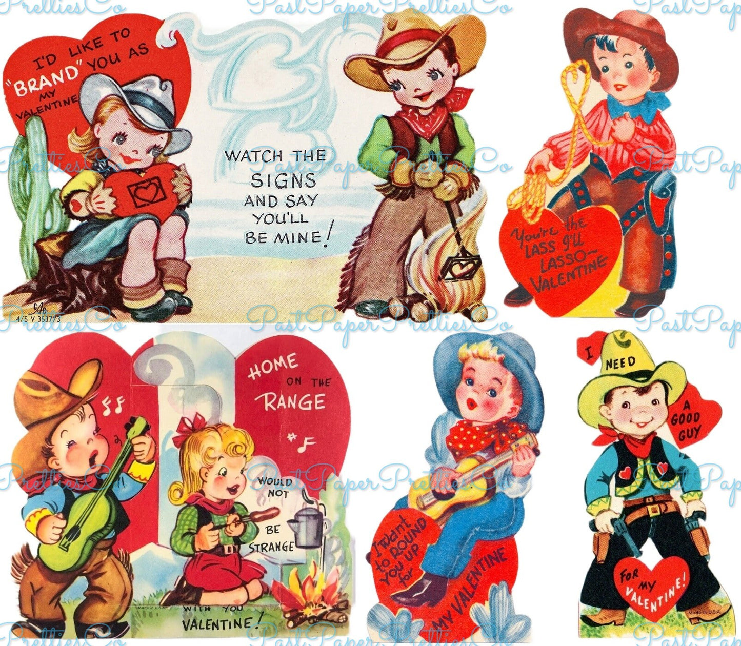 Vintage Western Valentines Day Cards Cute Cowboy Indian Themed Collage Sheets Printable PDF Instant Digital Download 64 Images 2 Sizes