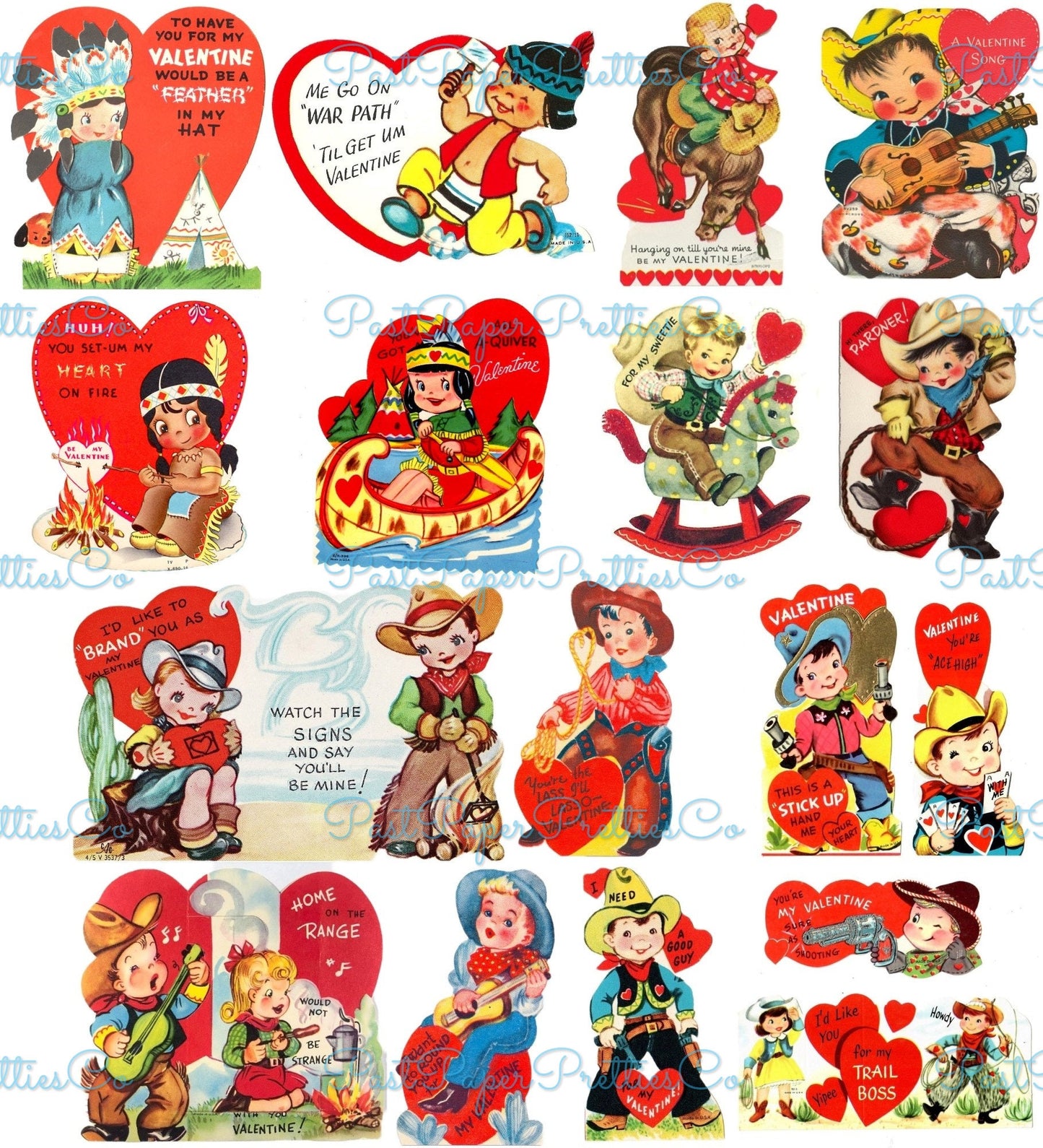 Vintage Western Valentines Day Cards Cute Cowboy Indian Themed Collage Sheets Printable PDF Instant Digital Download 64 Images 2 Sizes