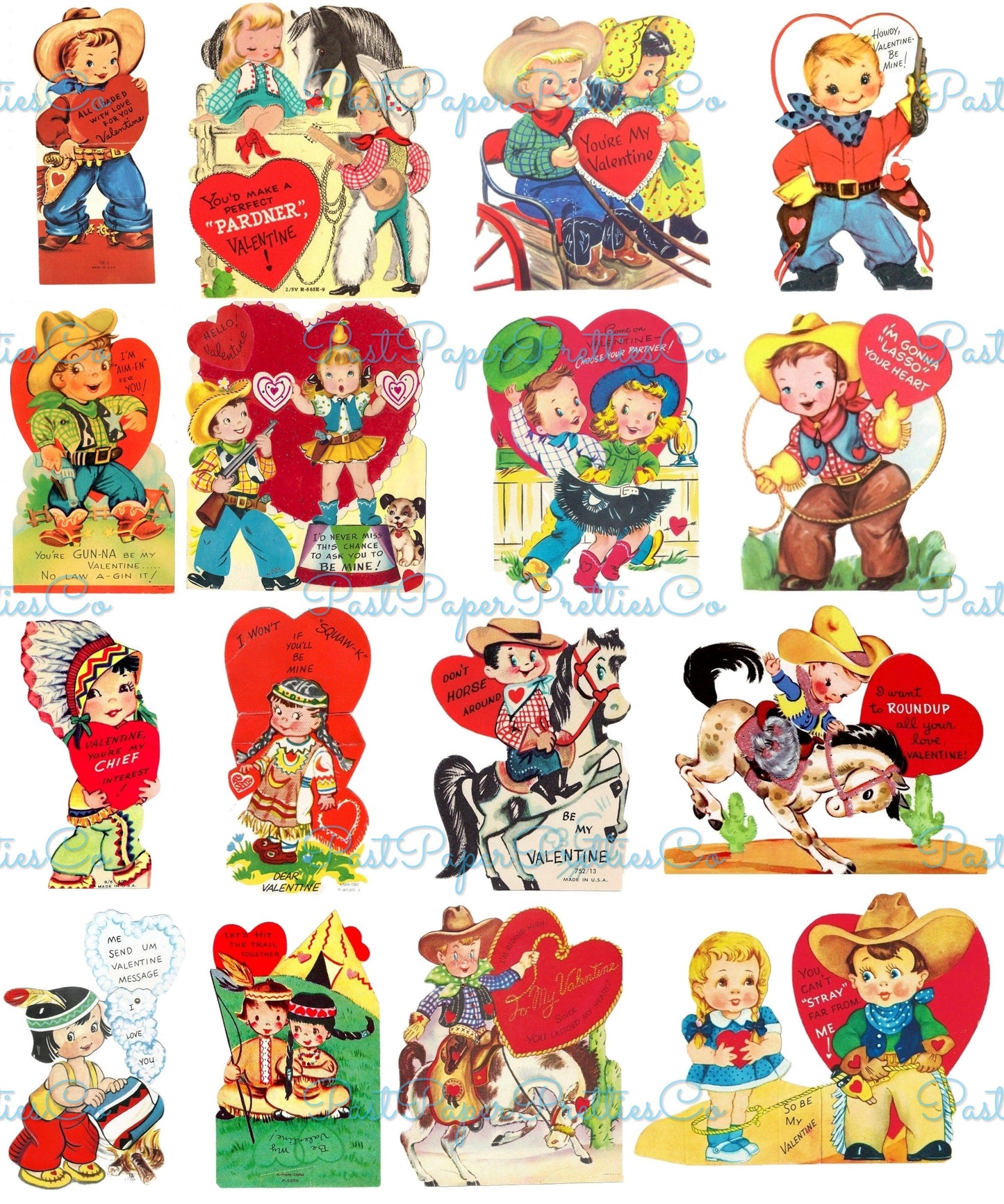 Vintage Western Valentines Day Cards Cute Cowboy Indian Themed Collage Sheets Printable PDF Instant Digital Download 64 Images 2 Sizes