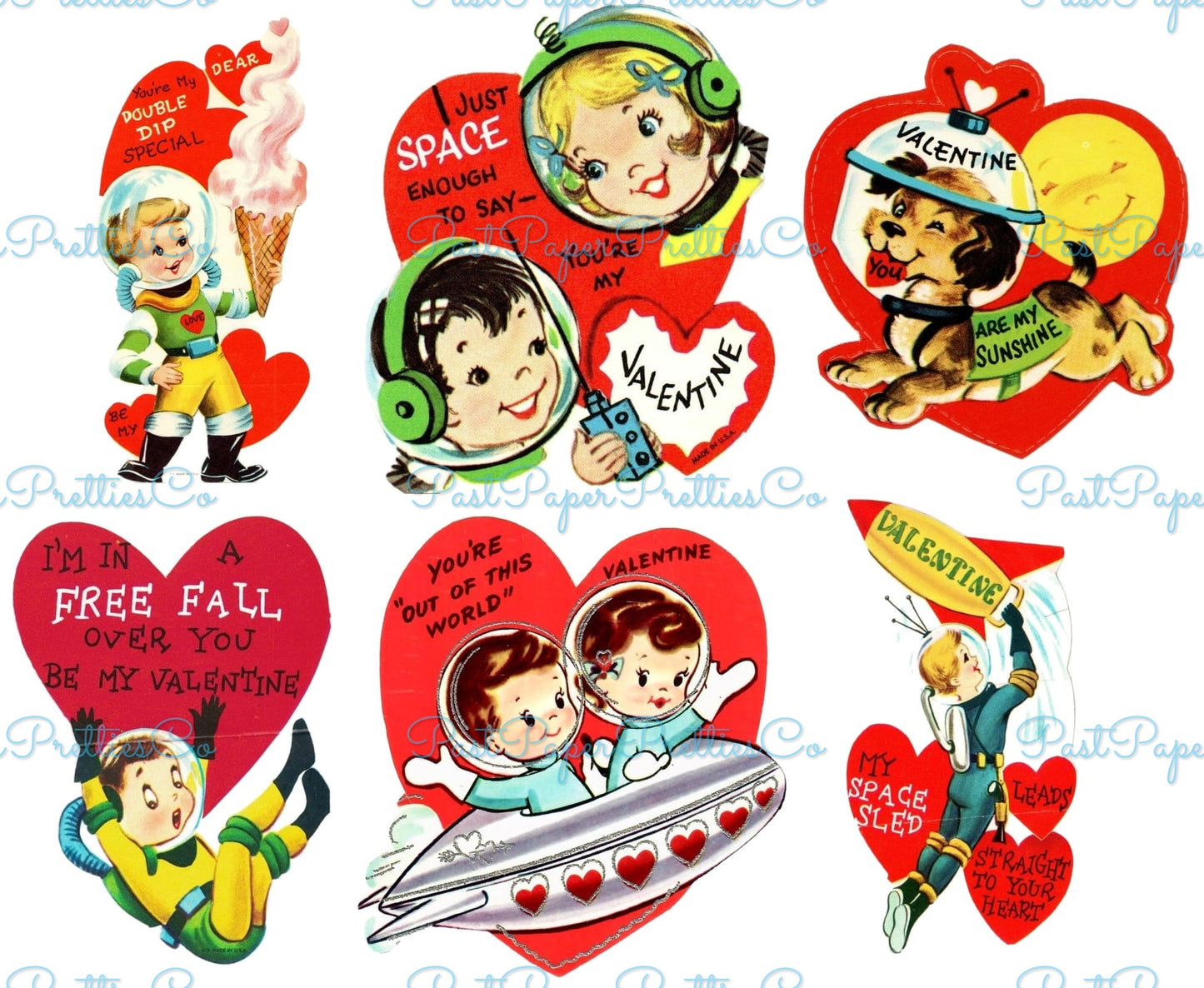 78 Vintage Outer Space Valentines Rocketship Astronaut Aliens Boys Girls Themed Printable PDF Instant Digital Download Cute Sci Fi Clip Art