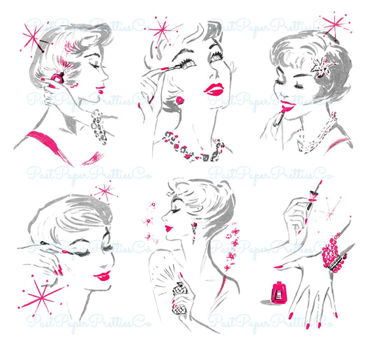 Vintage Printable Retro Glam Girl Mid Century Mod Cosmetics Collage Image c. 1950s Instant Digital Download Beauty Queen Clipart