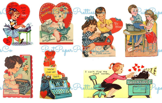 Vintage Secretary Valentines Cute Typewriters Themed Cards Collage Sheets Printable PDF Instant Digital Download Happy Valentines Day