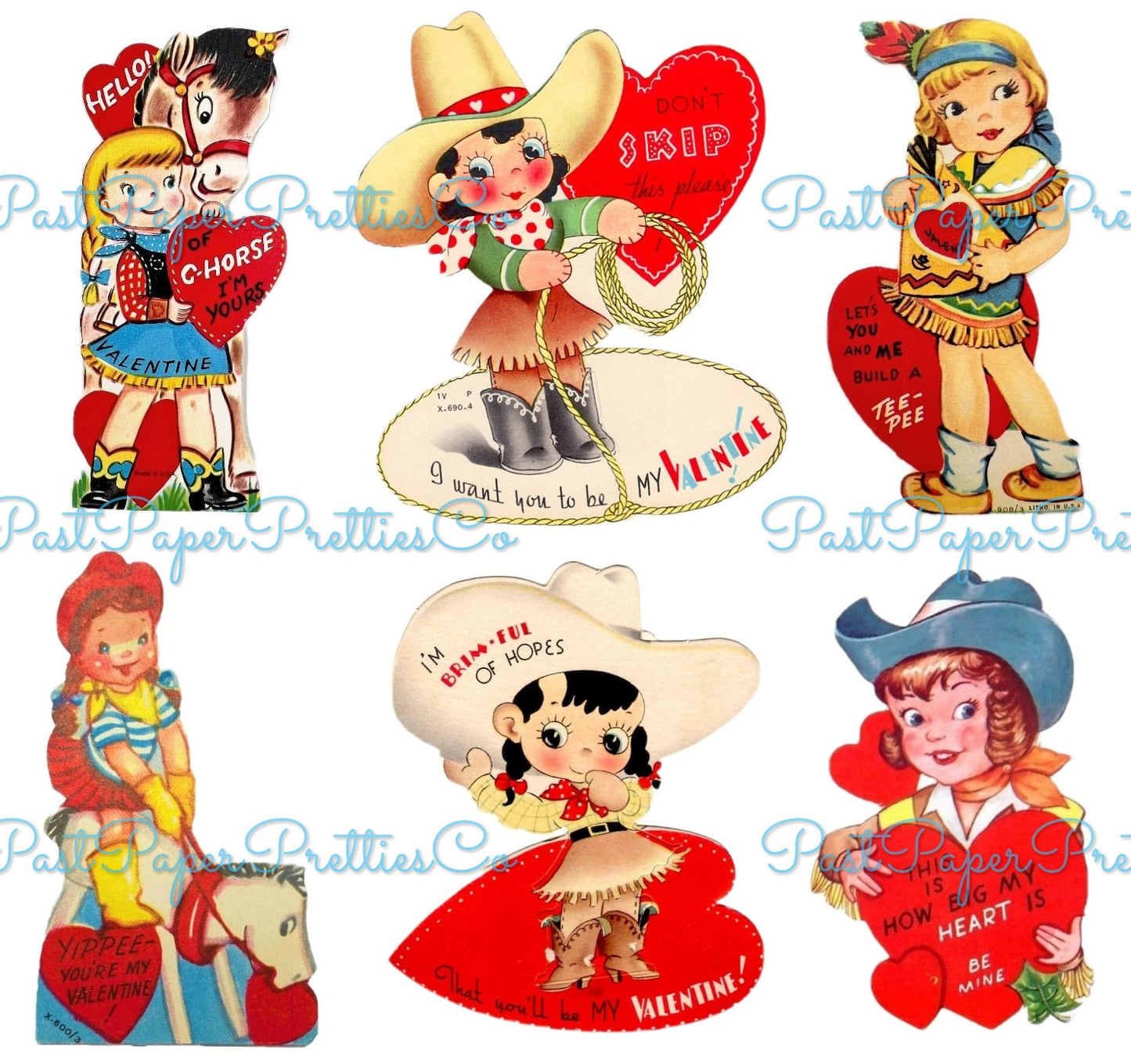 Vintage Cowgirl Valentines Day Card Images Collage Sheets Printable PDF Instant Digital ALL Cute Western Girls Themed Clipart