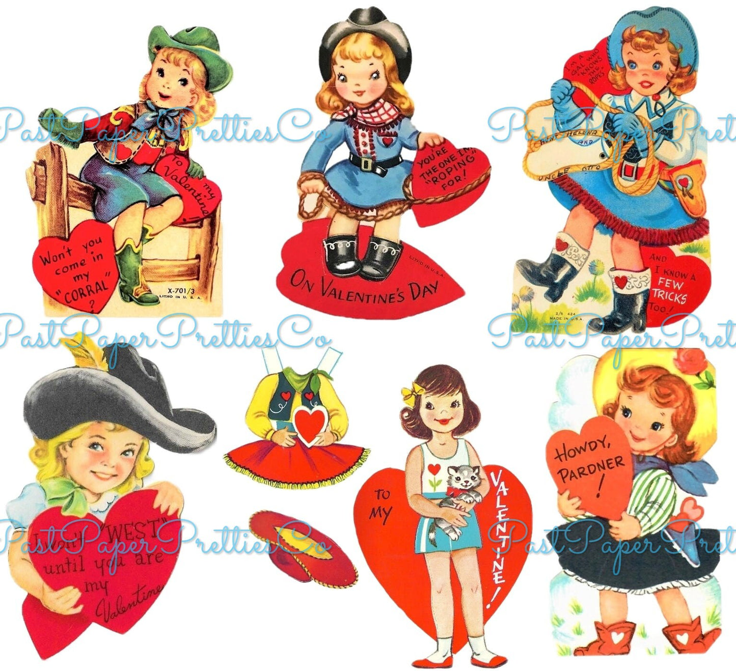 Vintage Cowgirl Valentines Day Card Images Collage Sheets Printable PDF Instant Digital ALL Cute Western Girls Themed Clipart