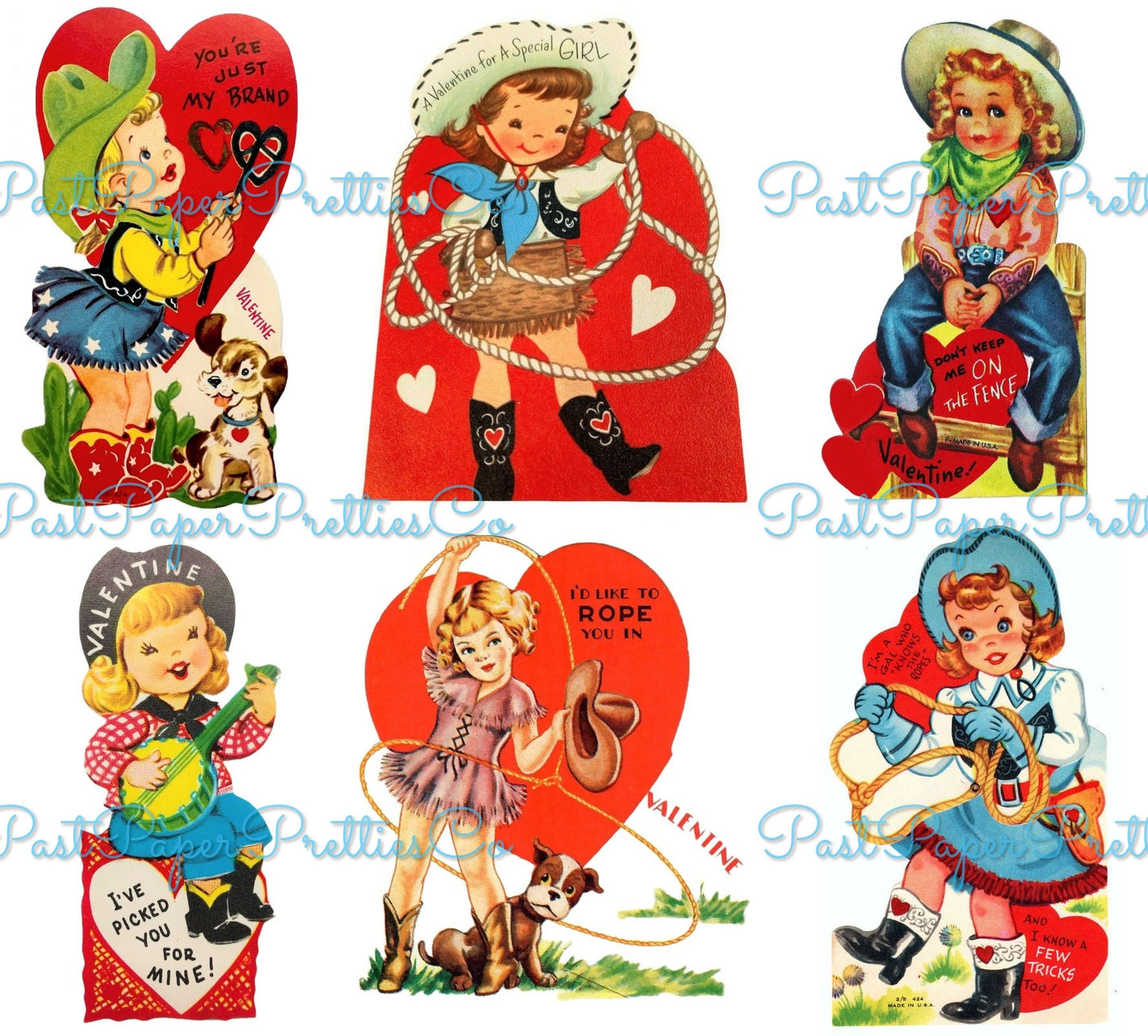 Vintage Cowgirl Valentines Day Card Images Collage Sheets Printable PDF Instant Digital ALL Cute Western Girls Themed Clipart