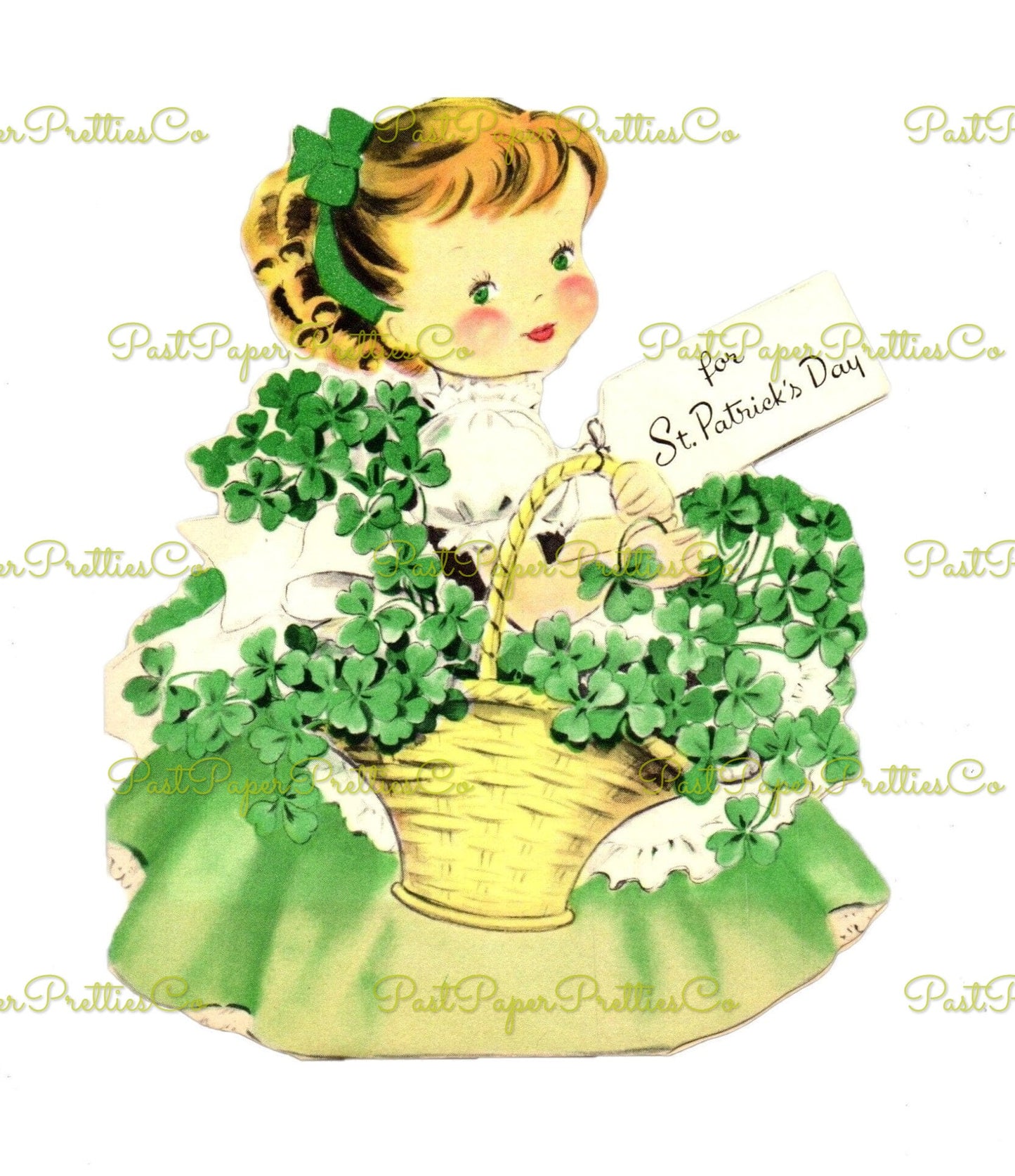 Vintage St. Patricks Day Card Image Pretty Little Irish Girl Lass with Shamrock Basket Printable Instant Digital Download PNG JPEG