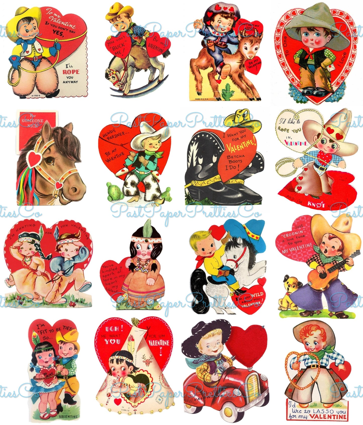 Vintage Western Valentines Day Cards Cute Cowboy Indian Themed Collage Sheets Printable PDF Instant Digital Download 64 Images 2 Sizes