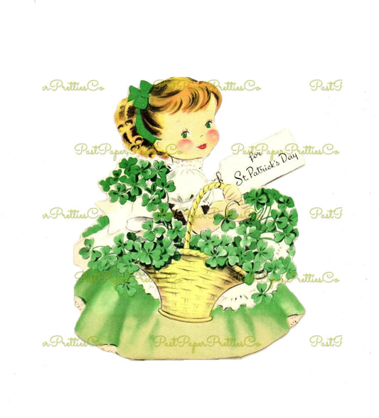 Vintage St. Patricks Day Card Image Pretty Little Irish Girl Lass with Shamrock Basket Printable Instant Digital Download PNG JPEG