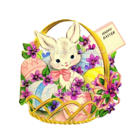 Vintage Printable Adorable Happy Easter Bunny Egg Basket Card Image c. 1950s Instant Digital Download Retro Peter Cottontail Clip Art