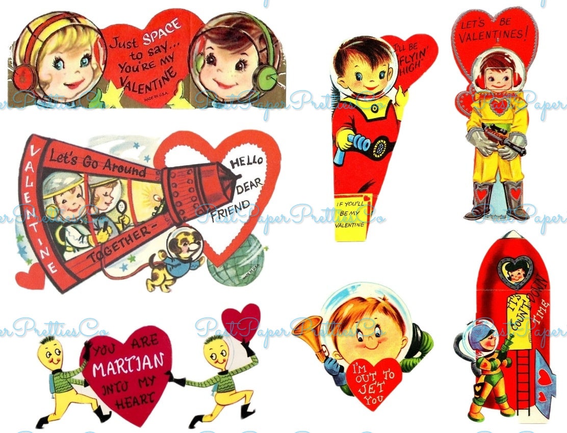 78 Vintage Outer Space Valentines Rocketship Astronaut Aliens Boys Girls Themed Printable PDF Instant Digital Download Cute Sci Fi Clip Art