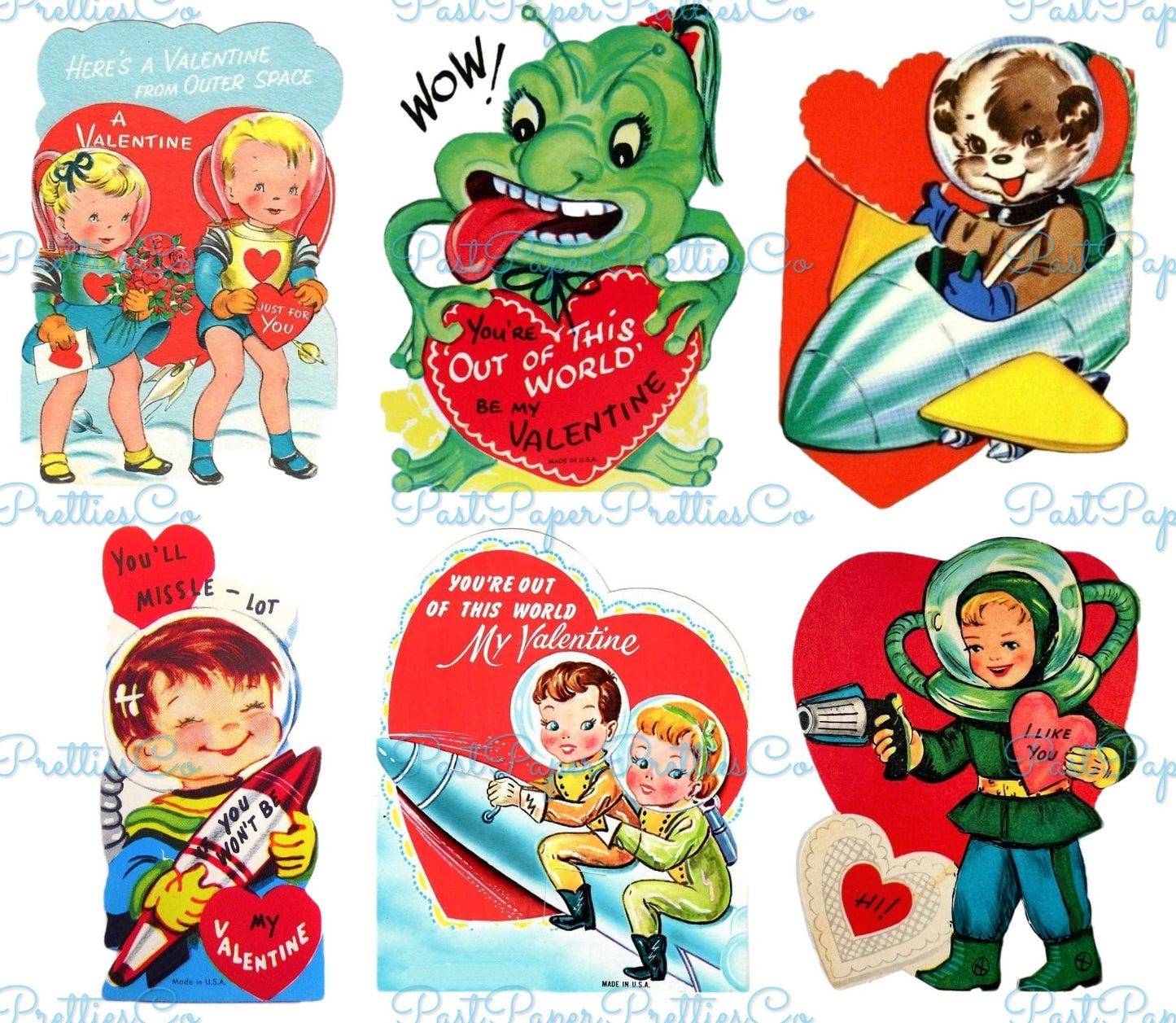 78 Vintage Outer Space Valentines Rocketship Astronaut Aliens Boys Girls Themed Printable PDF Instant Digital Download Cute Sci Fi Clip Art